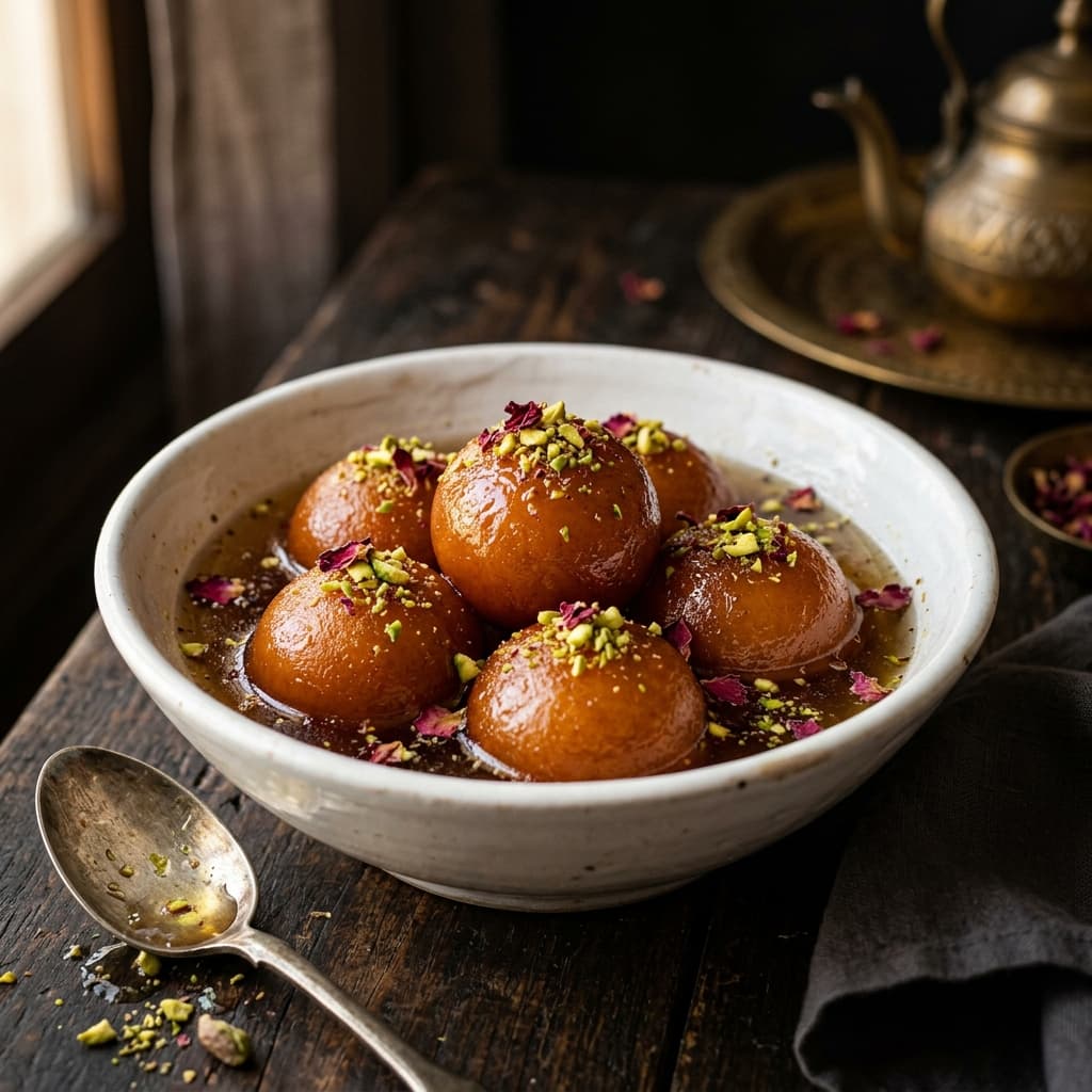 Golden gulab jamun dessert garnished with pistachios and rose petals